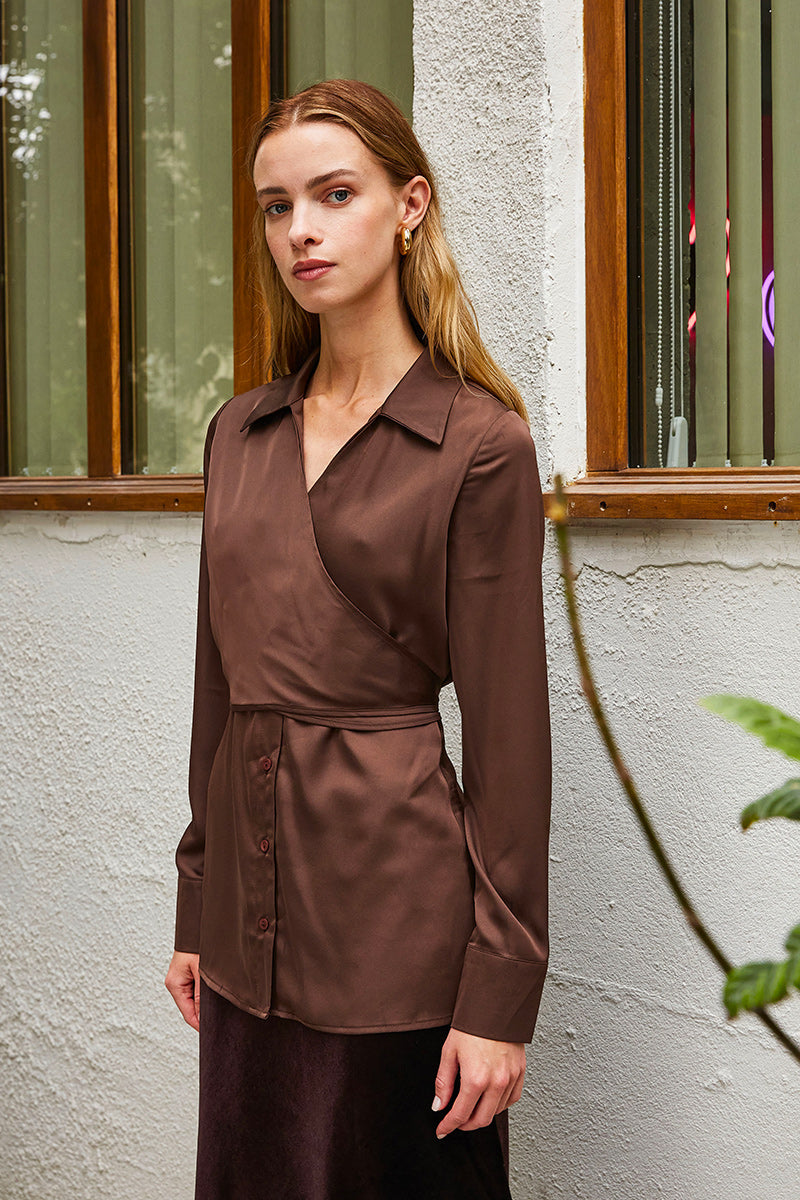 Brown Double Ruffle Satin Shirt – Maraislise