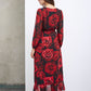 ROBE PORTEFEUILLE LONGUE À FLEURS ROUGES