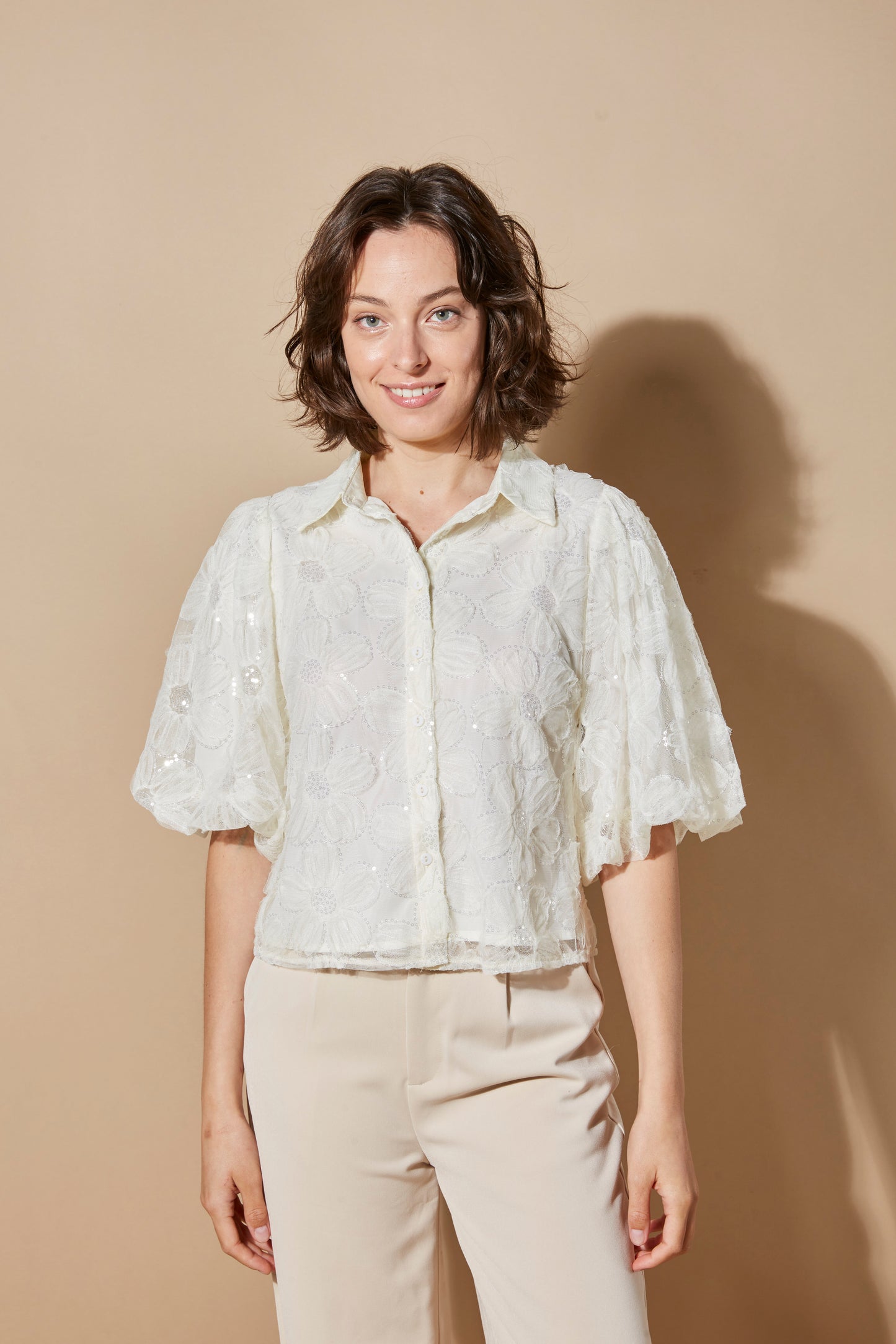 GLITTERED FLORAL BLOUSE WITH PUFF SLEEVES